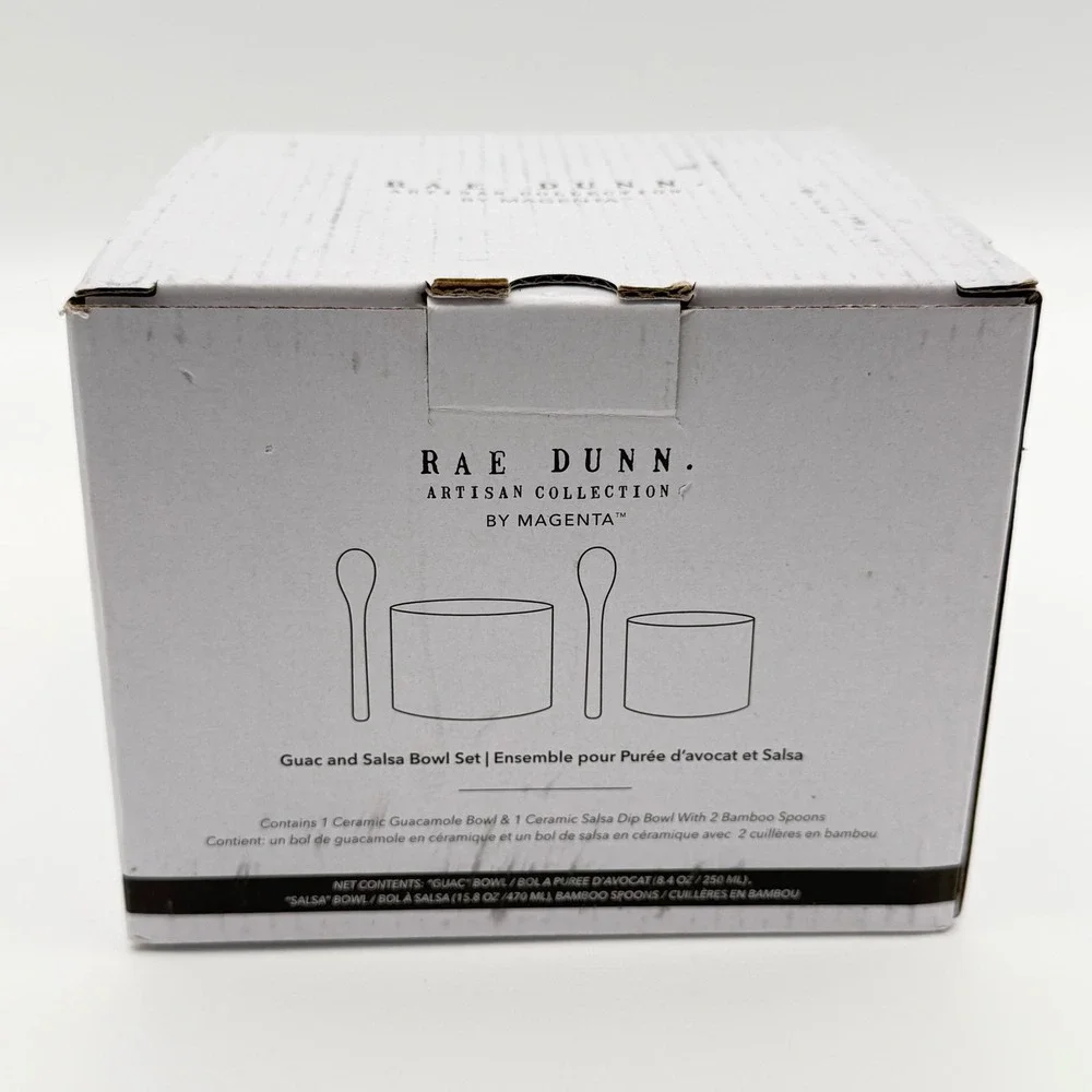 Rae Dunn Guac and‎ Salsa Ceramic Bowl Set with Bamboo Spoons 4pc FabFitFun NEW